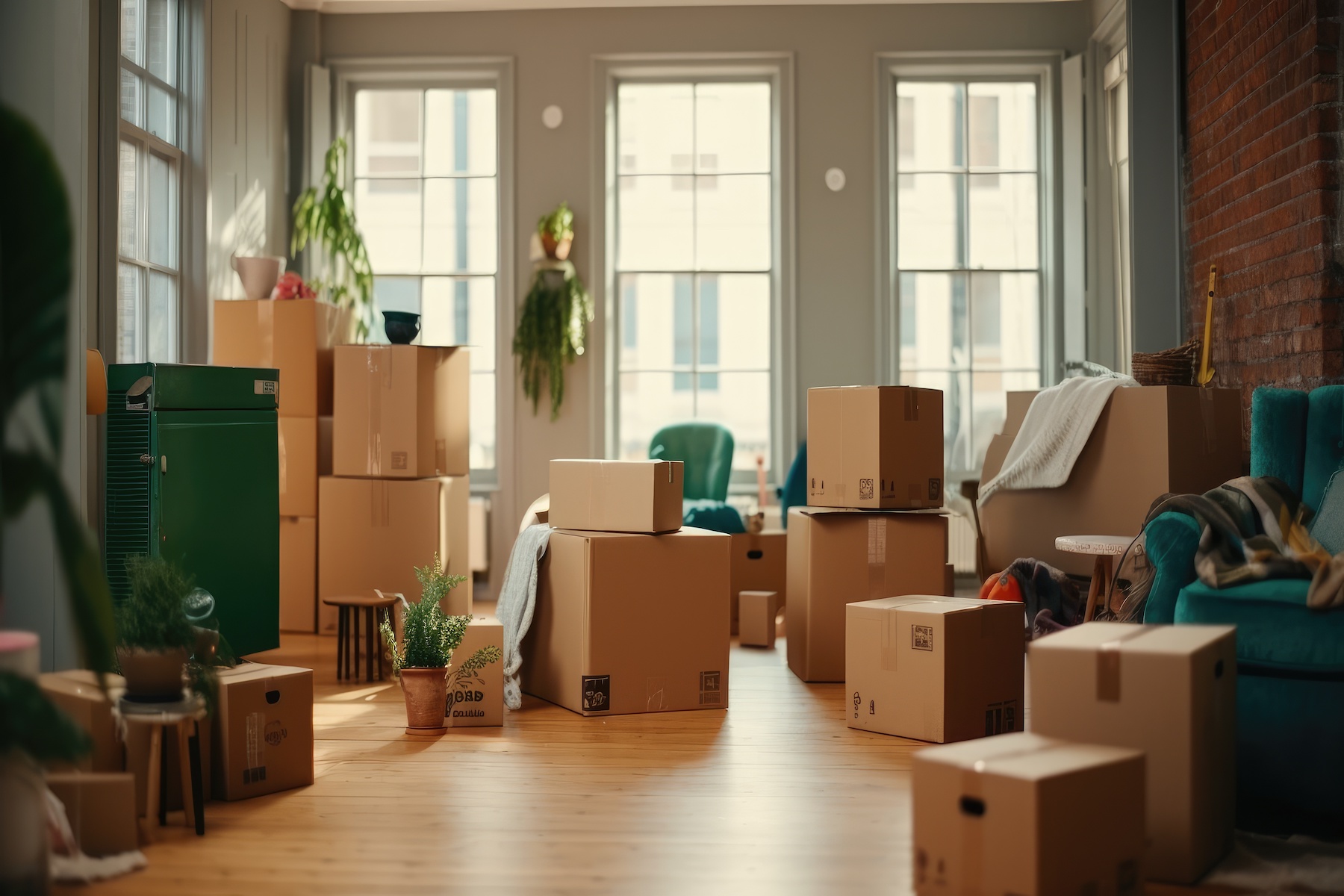 Move concept. Cardboard boxes and cleaning things for moving into a new home. Cardboard boxes background.