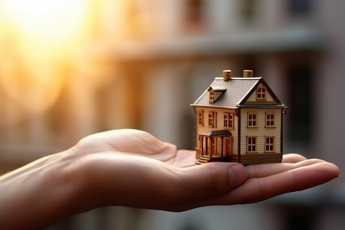 Small toy house on palm of hand.