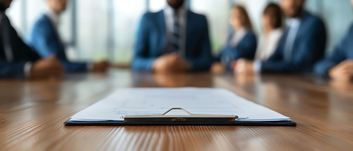 Documents on clip board on wooden table with people sitting on the background blurred.