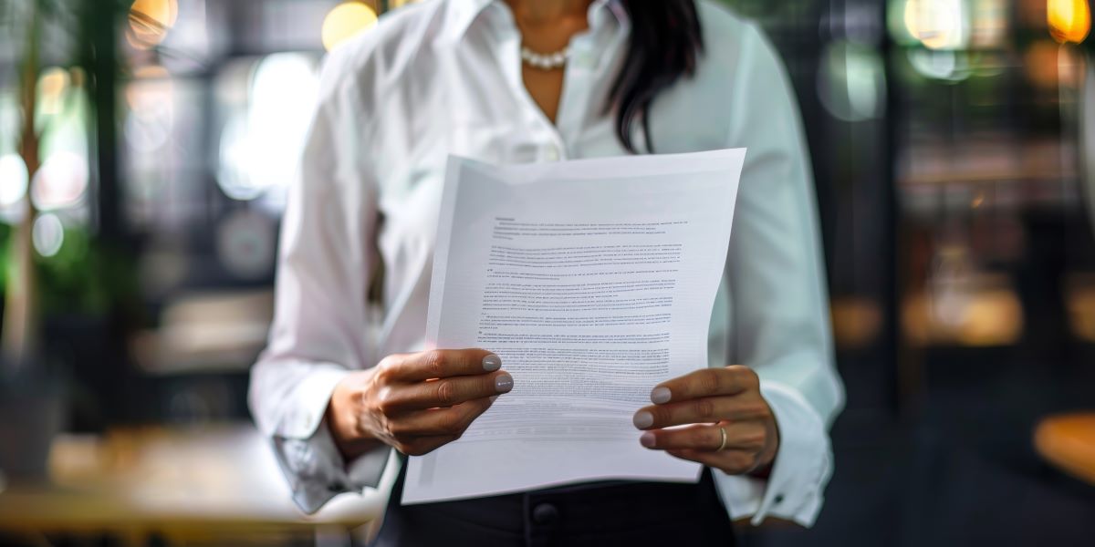 Woman holding sheet of paper on hands.