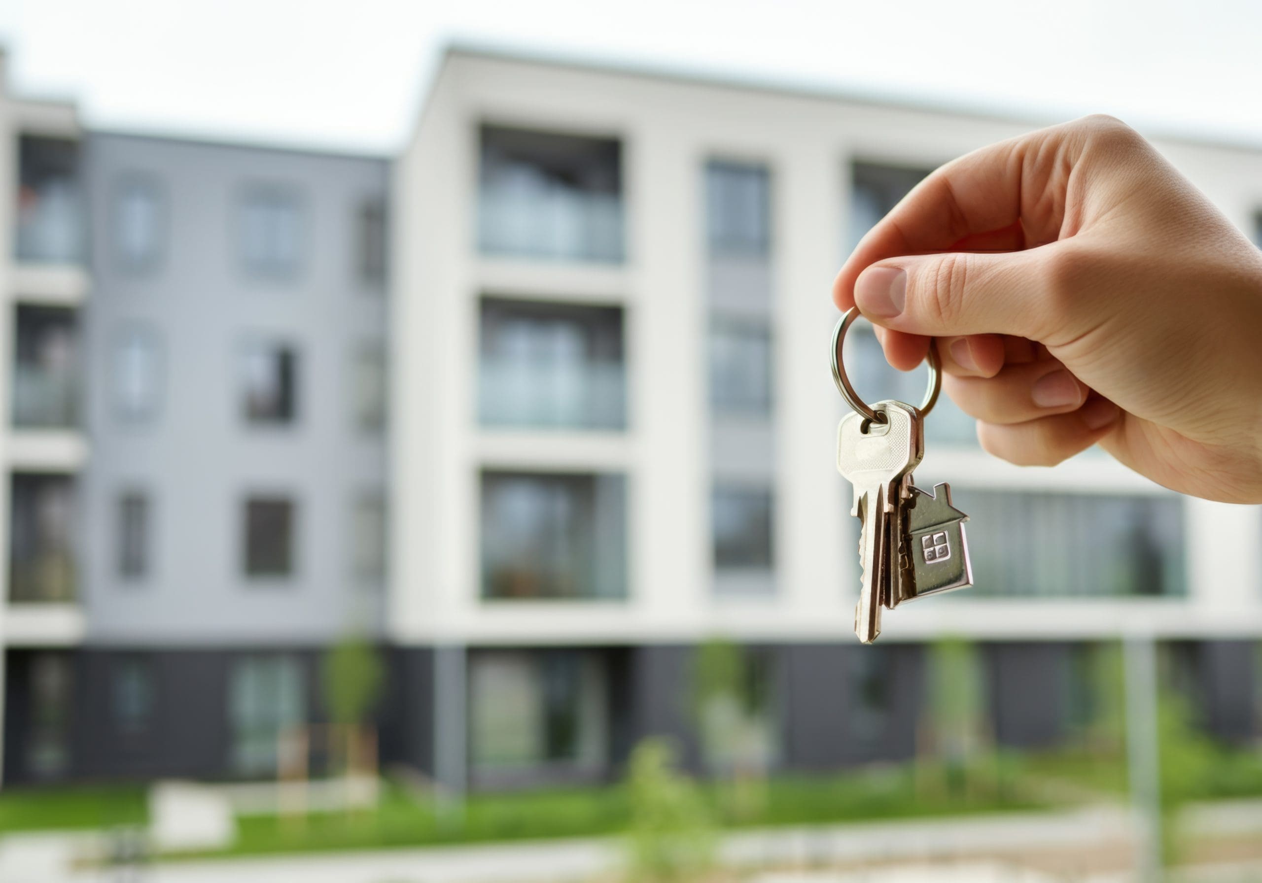 Hand holding keys in front of modern condo building, symbolizing new home ownership.